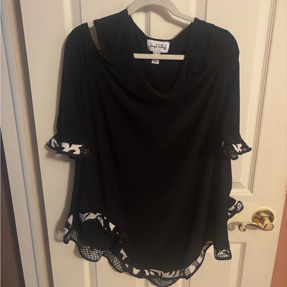 Joseph Ribkoff Black Mesh-Trim Cold-Shoulder Top